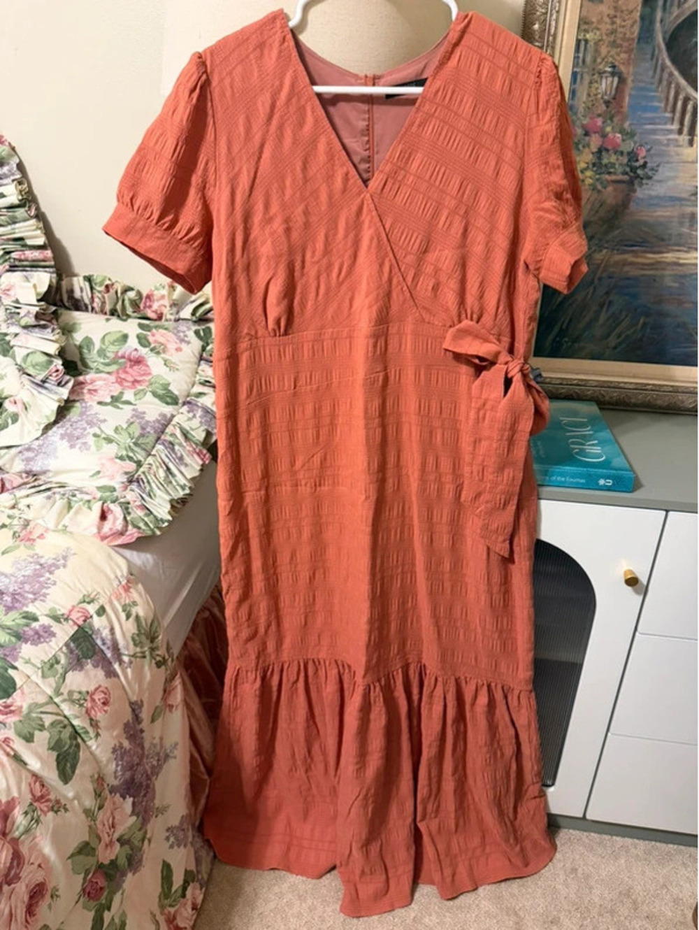 Mikarose Rust Textured Faux Wrap Maxi Dress Ruffle Boho Prairie Modest